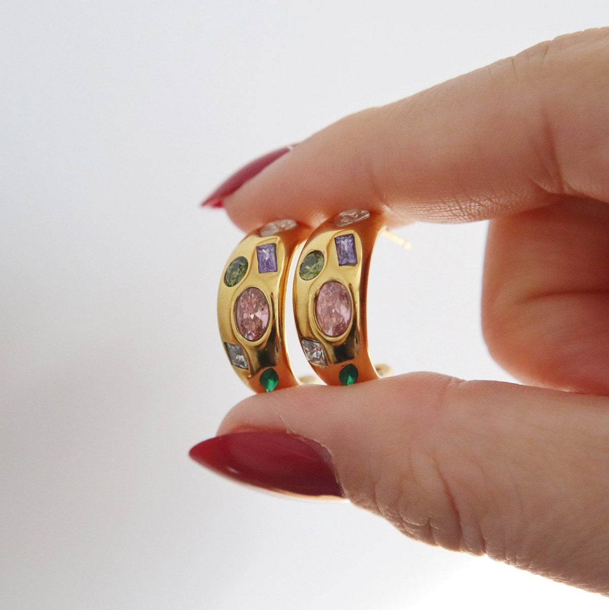 Multicolor Stone Hoop Earrings, gold plated