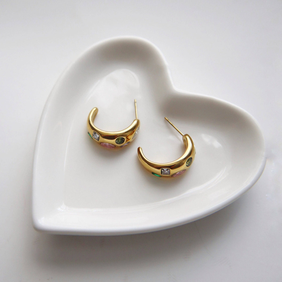 Multicolor Stone Hoop Earrings, gold plated