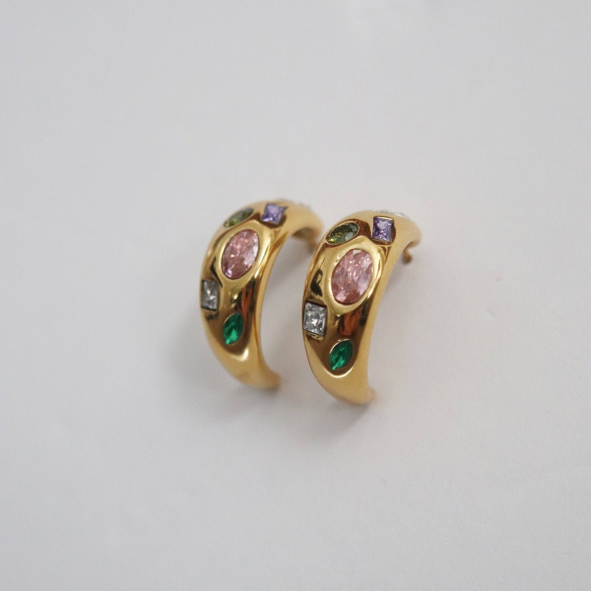Multicolor Stone Hoop Earrings, gold plated