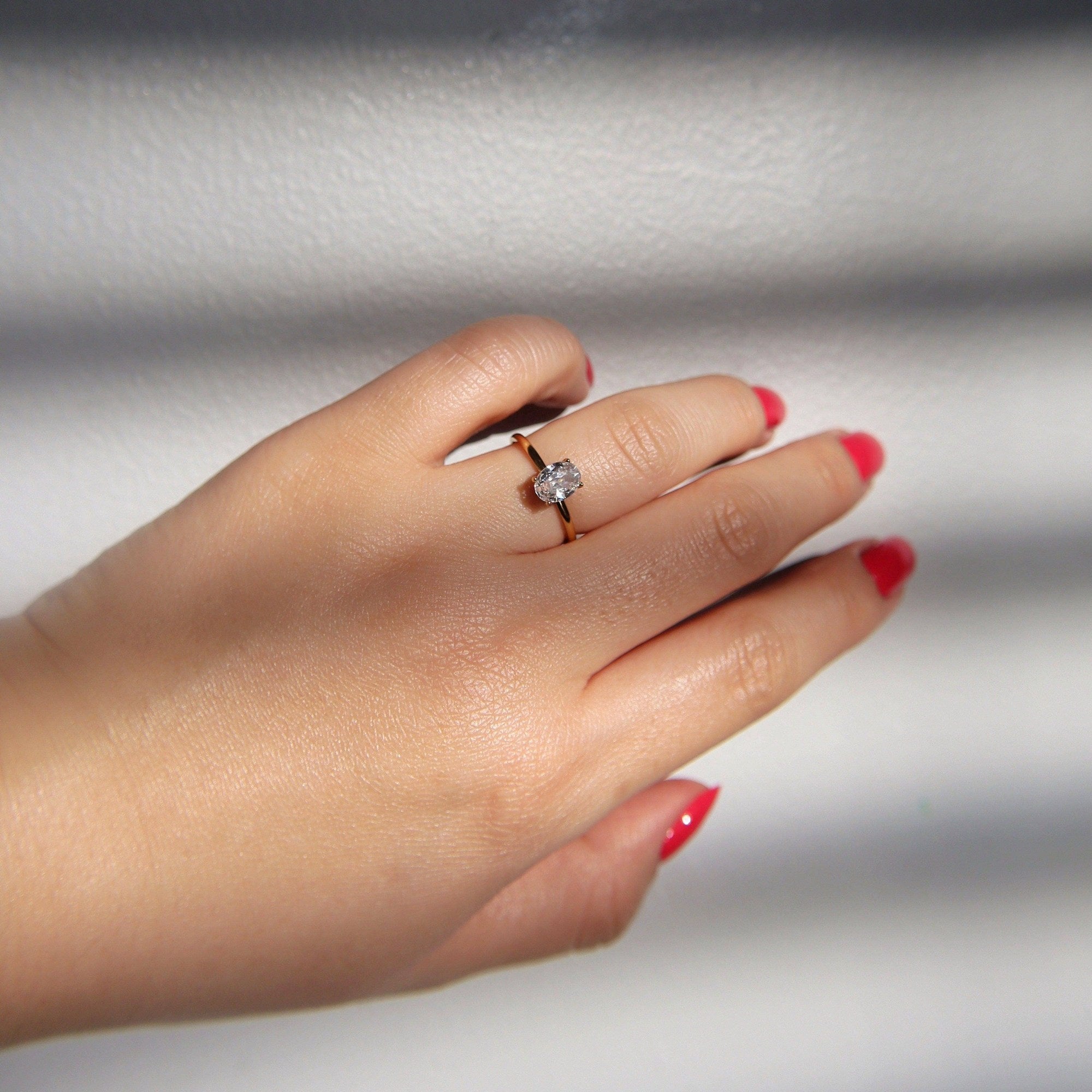 Oval CZ Solitaire Ring, gold plated