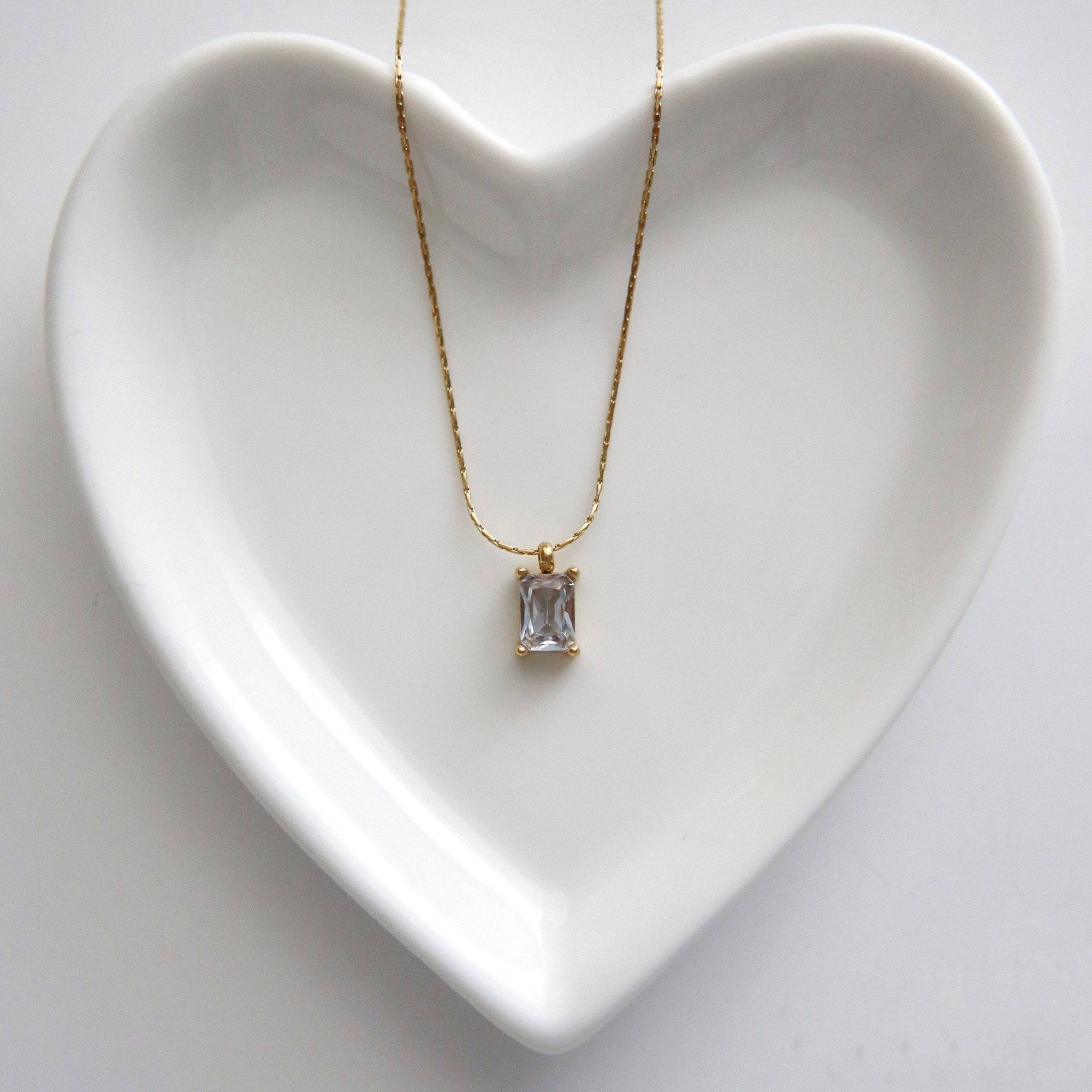 Dainty Emerald Cut CZ Pendant Necklace, gold plated