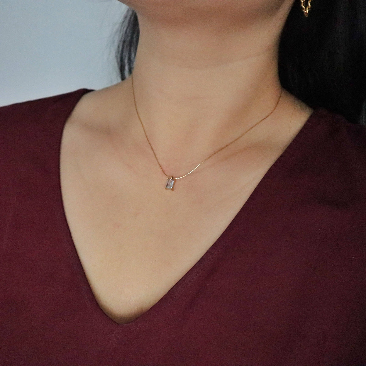 Dainty Emerald Cut CZ Pendant Necklace, gold plated
