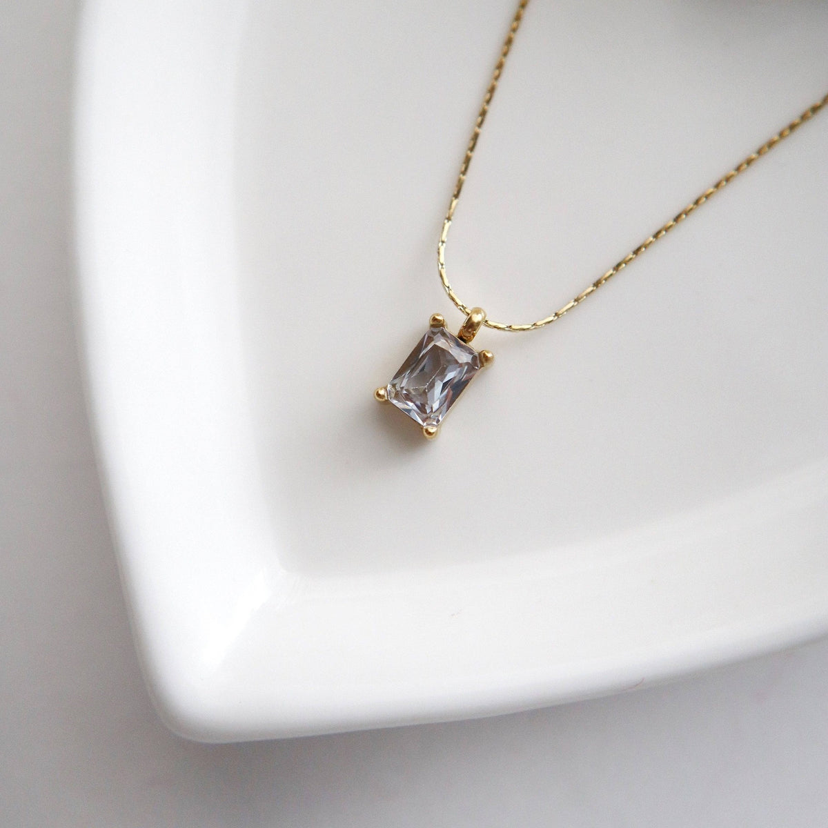 Dainty Emerald Cut CZ Pendant Necklace, gold plated