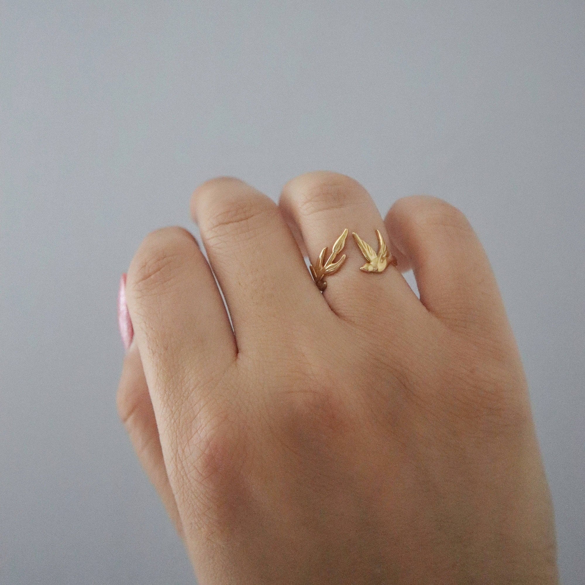Dove and Leaf Ring, 18k gold plated