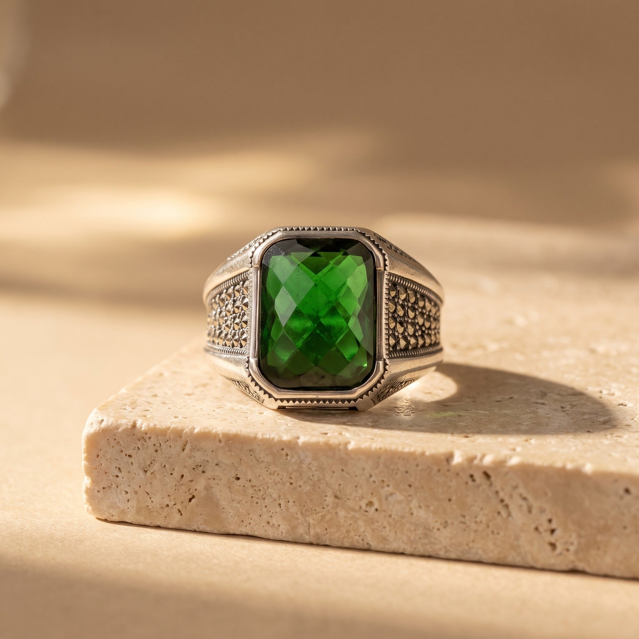 Green Stone Art Deco Signet Ring, 925 sterling silver