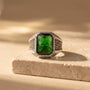 Green Stone Art Deco Signet Ring, 925 sterling silver