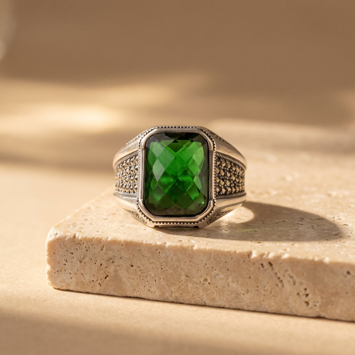 Green Stone Art Deco Signet Ring, 925 sterling silver