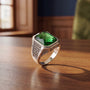 Green Stone Art Deco Signet Ring, 925 sterling silver