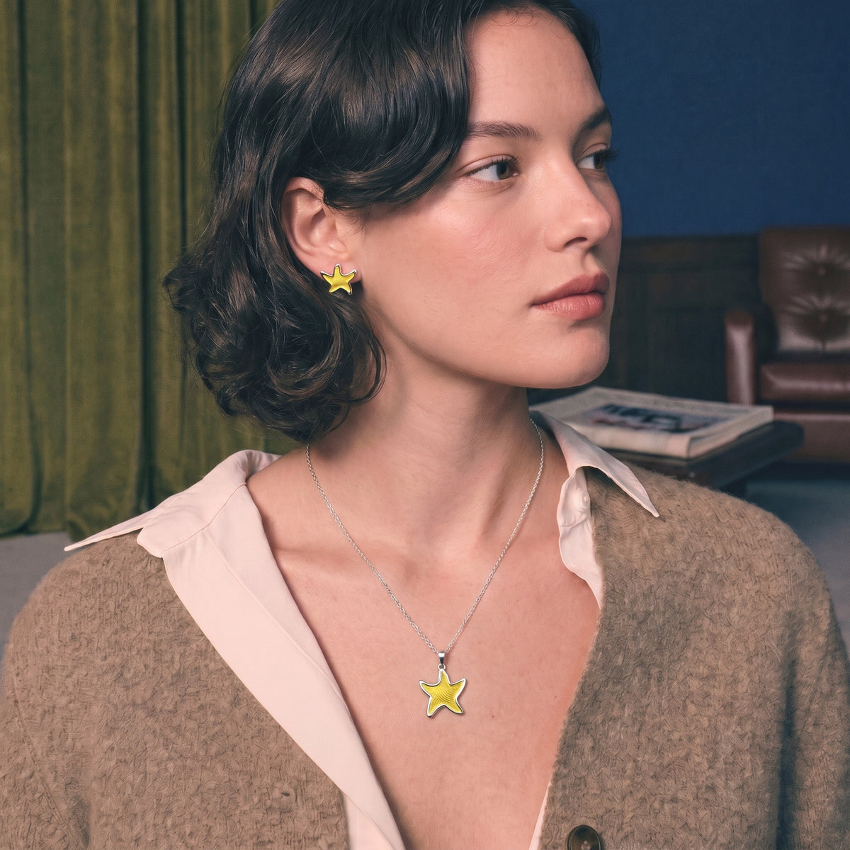 Enamel Starfish Necklace and Earring Set, 925 sterling silver