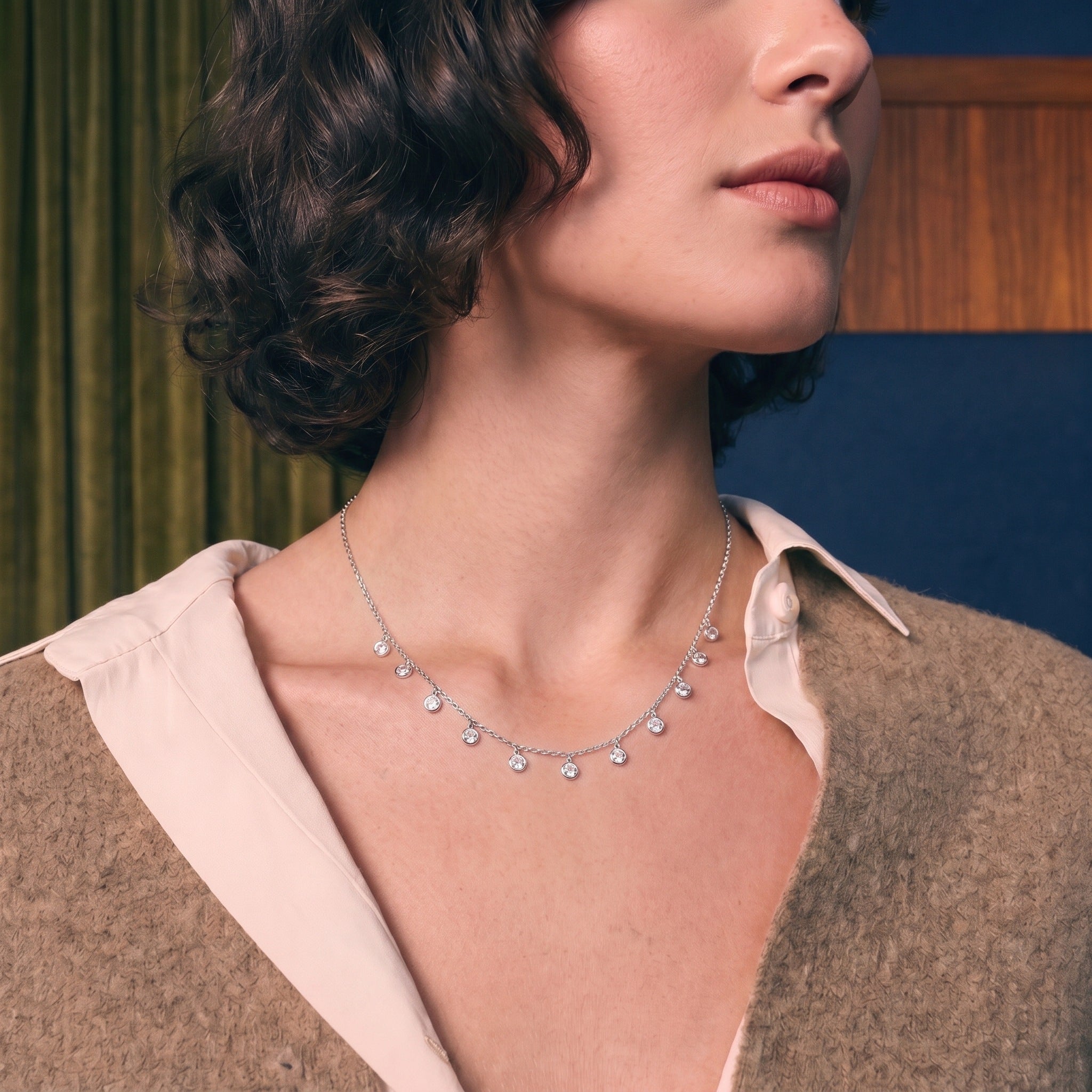 CZ Dangle Station Necklace, 925 sterling silver