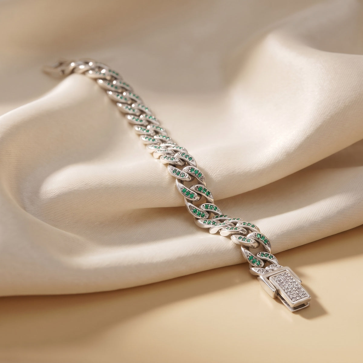 Green CZ Cuban Link Bracelet, 925 sterling silver