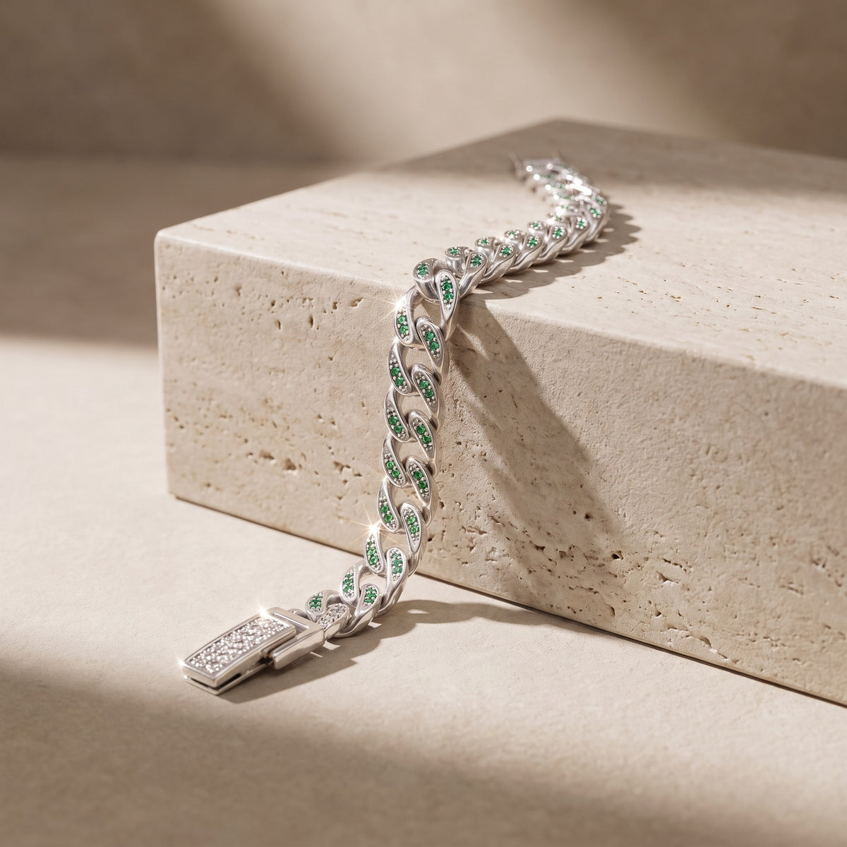 Green CZ Cuban Link Bracelet, 925 sterling silver